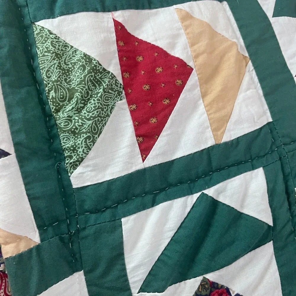 Vtg Flying Geese Patchwork Quilt Handmade Green Paisley Floral 82x84 Farmhouse